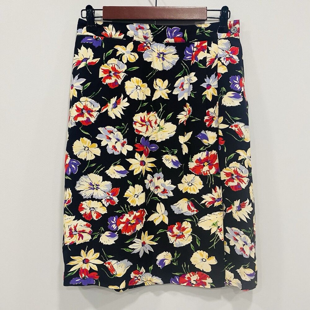 VTG Liz Claiborne Collection 8 Black Floral Cottagecore A-Line Short Wrap Skirt*